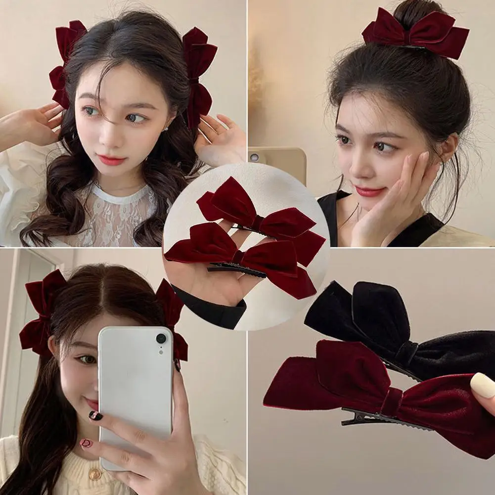 2Pcs Graceful Retro Black/Red Velvet Bow Clip Elegant Two-piece School Party Duckbill Clip For All Seasons Hair Accessories A4M8