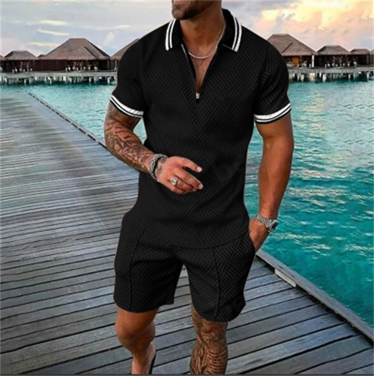 

Men's 3D printed short sleeved shirt zipper polo shirt shorts set