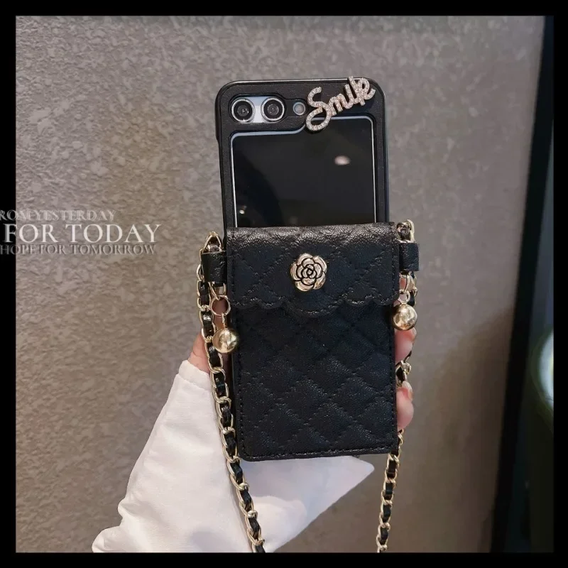 Dla Samsung Galaxy Z Flip 6 5 4 3 Flip6 Flip5 Flip4 Flip3 5G Crossbody Case Wallet Lanyard Chain Card Holder Faux Leather Cover