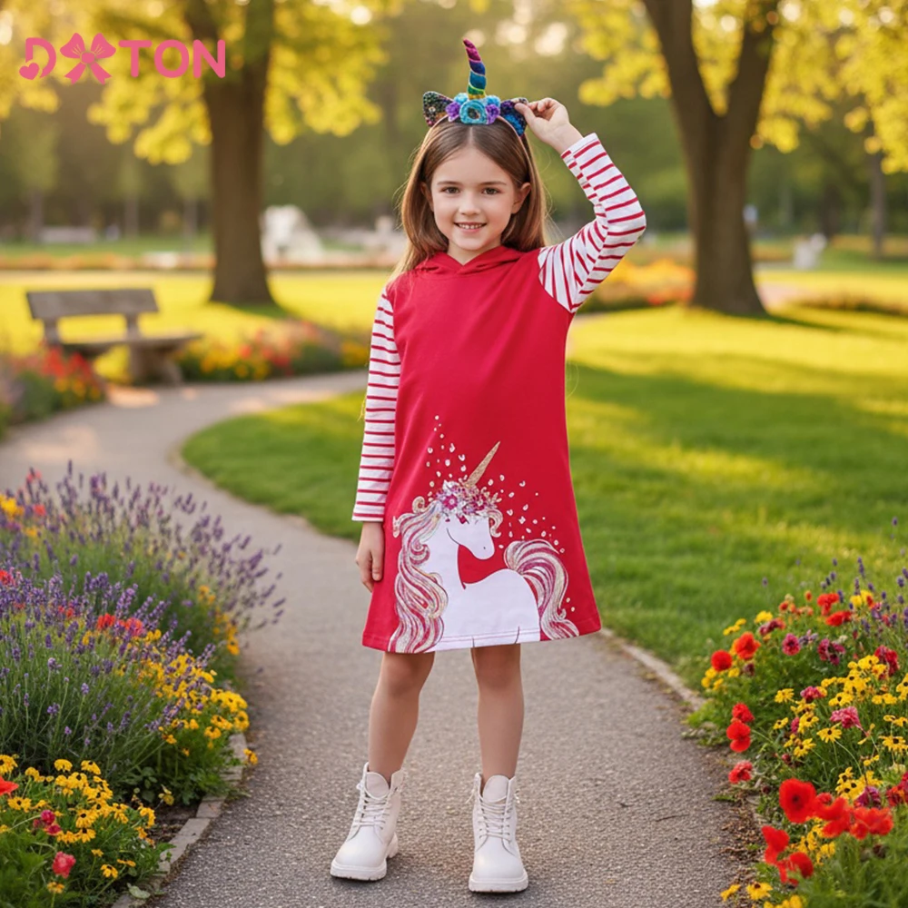 

DXTON Unicorn Children Hoodie Dress Cotton Winter Kids Hooded Dress with Stripe Sleeves Red Luxury Girl New Year Cartoon Clothes