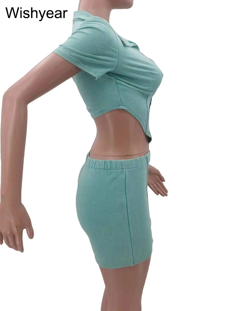 Summer Green Two 2 Pieces Women‘s Set Lapel Collar Short Sleeve Crop Top and Shorts Beach Club Outfits Fitness Slim Sportswear