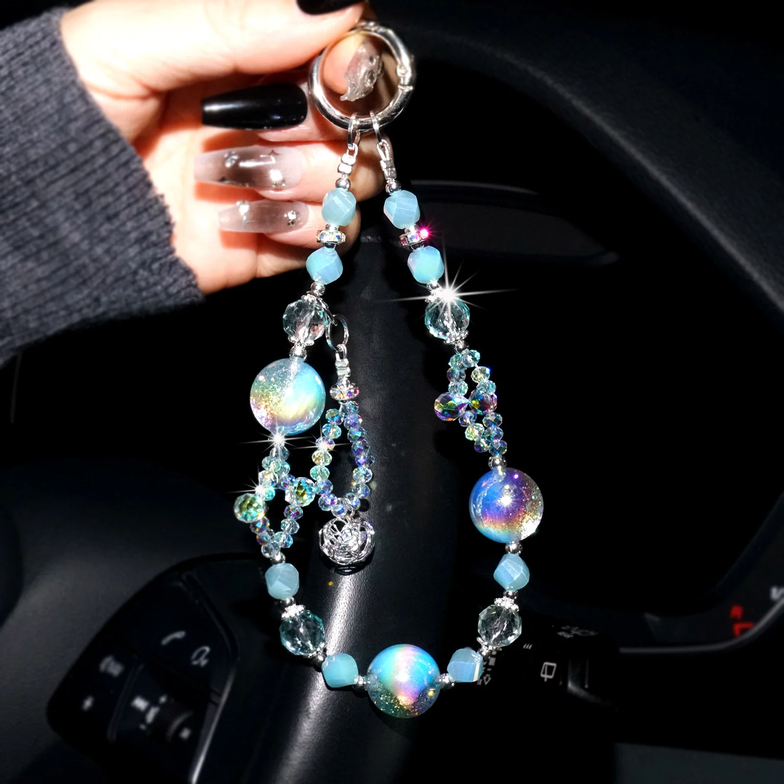 

Light Luxury High-end Round Bead Pendant Phone Chain, Ins Style Crystal Bead Bag Keychain Short Hanging Rope New Model