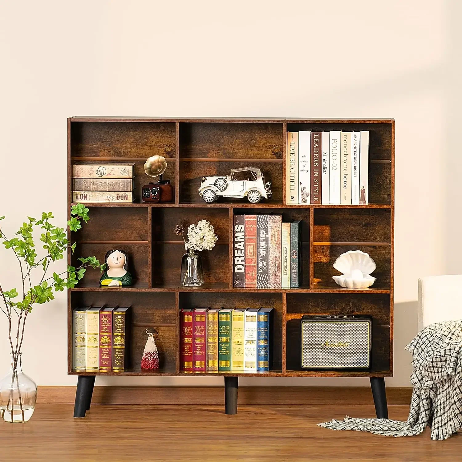 10 Cube Bookshelf,3 Tier Modern Wide Bookcase with Legs,Mid-Century Wood Bookshelves Storage，Brown Large Book Case