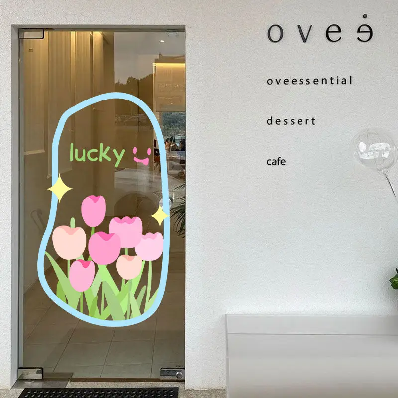 Cute Pink Flowers Tulip Window Mirror Stickers Creative Decoration Shop Clothing Milk Tea Cake Glass Door Adsorption Film Decor