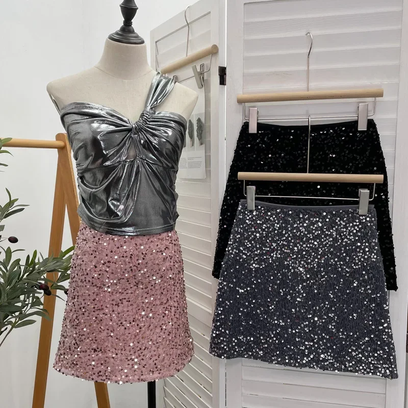 

Women's Sexy Sequin Mini Skirt High Waist Slimming Butt-covering A Line Sparkling Disco Skirt Holiday Partyclue Slim Fit Outfits