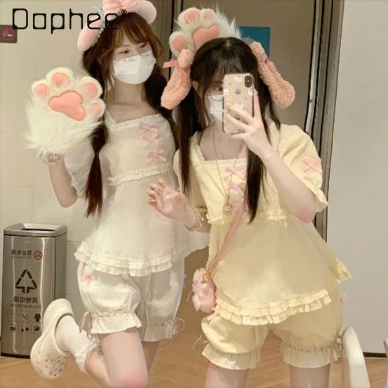 

Lolita Cotton Pajamas Shorts Sweet Pink Bow Ruffle Puff Short Sleeves Loungewear Bud Shorts Daily Comfortable Home Clothing