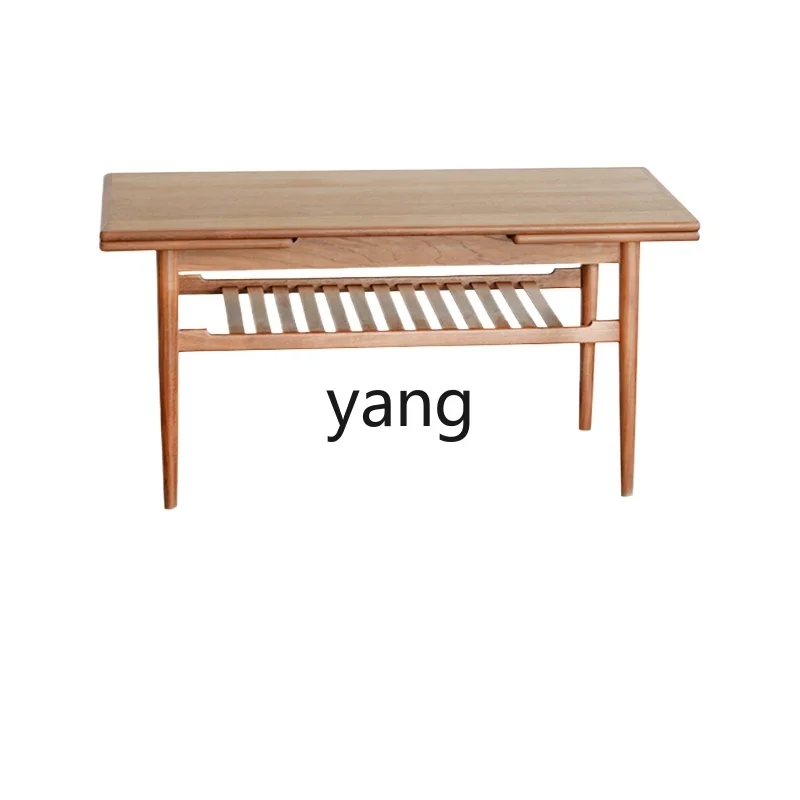 Yjq Solid Wood Pull-out Double-Layer Tea Table Rectangular Retractable Side Table Teak Space Saving