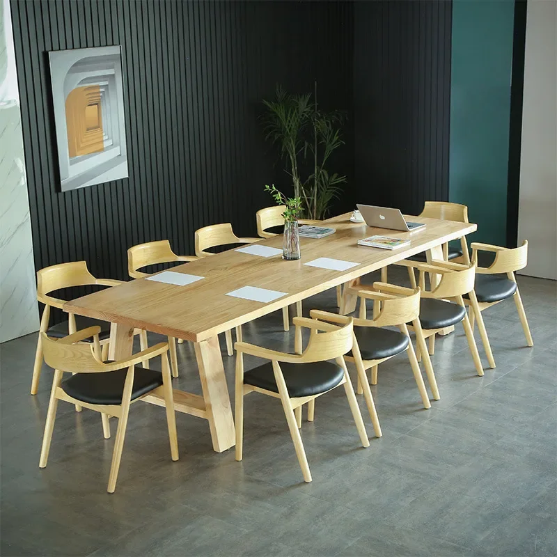 Log color leisure company negotiates conference tables and chairs, simple all-solid wood desk long table