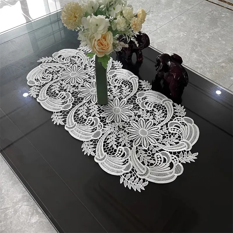 Pastoral style embroidery crocheted oval tablecloth table mat set Tea set fruit tray vase non-slip Christmas wedding decoration