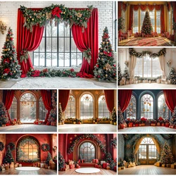 Red Christmas Windows Backdrops Winter Snowflake Scene Xmas Trees Kids Baby Photography Adult Photocall Festival Backgrounds