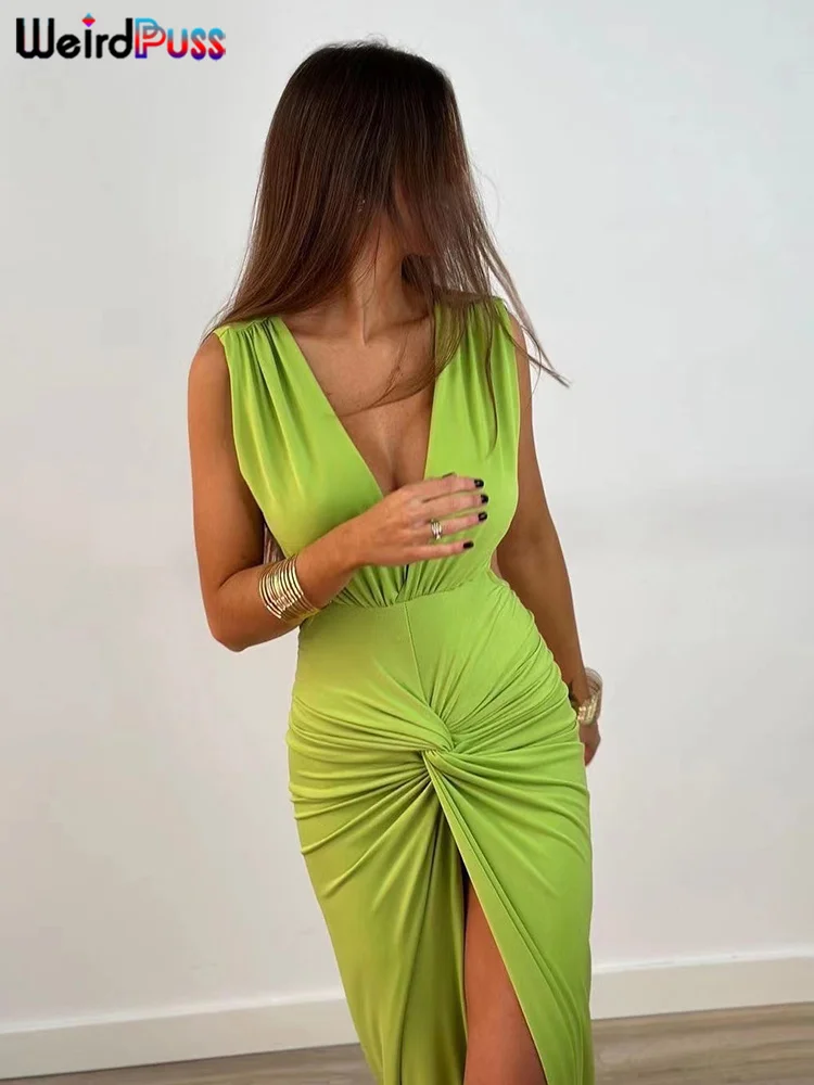 Weird Puss Deep V-Neck Dress Women Sleeveless Backless Ruched Wrapped Split Skinny Stretchy Elegant Bodycon Clubwear Vestidos