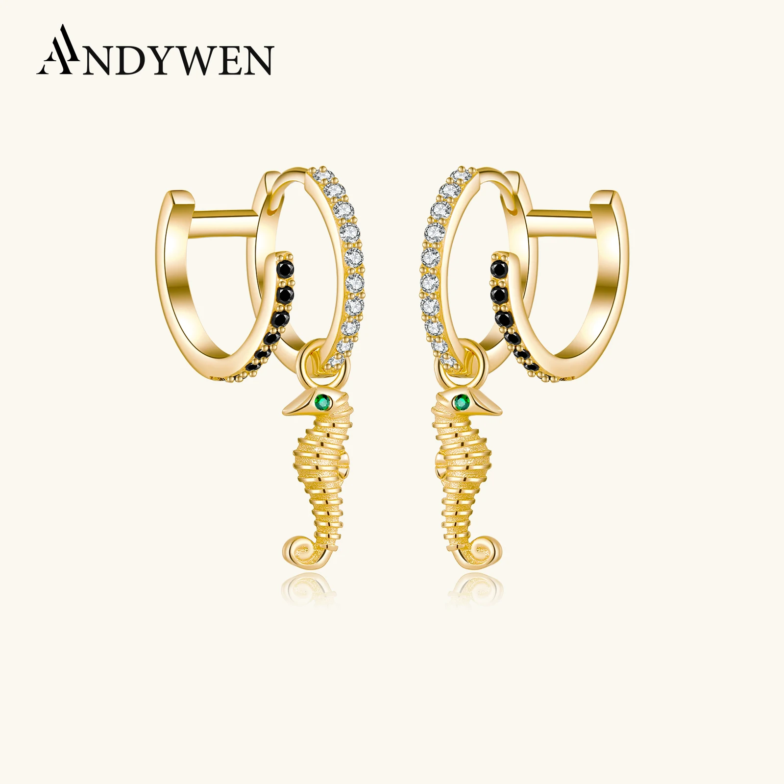 

Серьги-клипсы ANDYWEN из стерлингового серебра 925 пробы с золотым покрытием, черные, прозрачные, в форме круга, с двумя кольцами, 2026, изысканные, роскошные ювелирные изделия