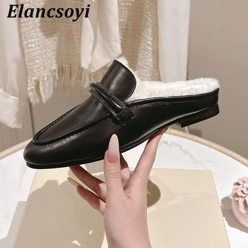 Mao Slippers Women Closed Toe Half Slipper String Bead Flat Sole Lazy Mules Shoes Autumn Winter Real Wool Lining Casual Shoes