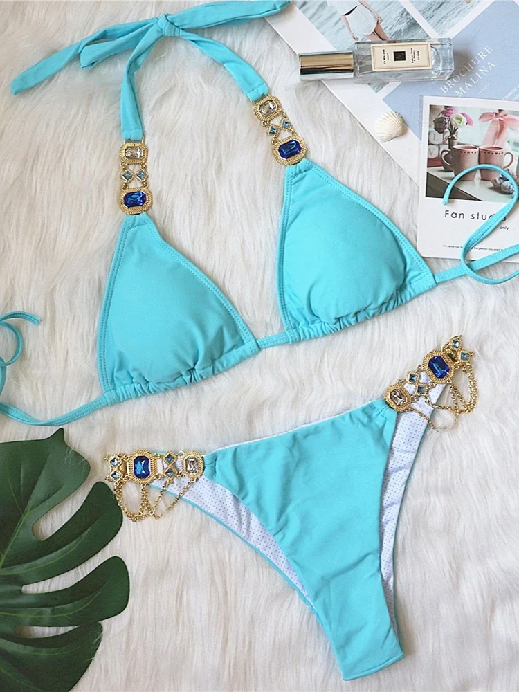 Bikini Set Women's Crystal Diamond 2 Piece Swimsuit Creative Metal Chain Sexy Straps Solid Color Low Waist Thong Beachwear 2025
