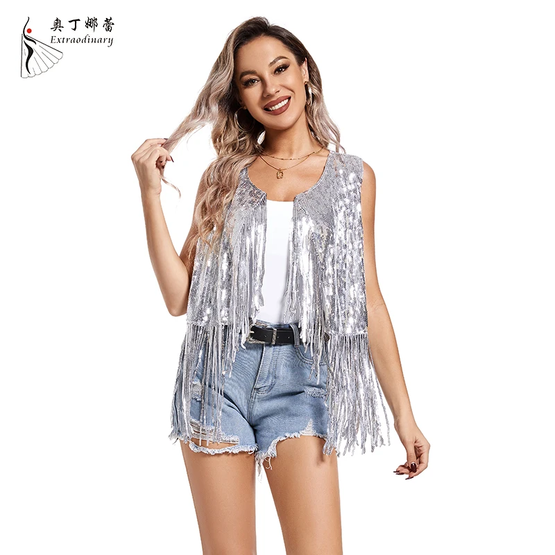 Women Tassel Vest 70s Hippie Sparkly Fringe Sequin Jacket Cardigan Rivet Sleeveless Open Front Coat