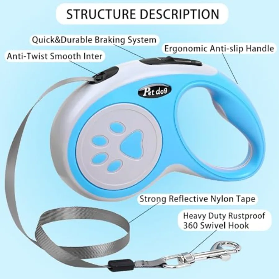 5M/16FT Retractable Dog Leash for Small Medium Dog, Blue Strong Nylon Tape, 360 Tangle-Free, One-Handed Brake, Pause, Lock, Fit