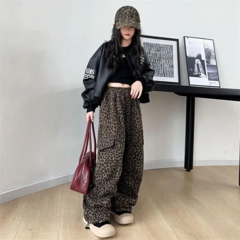 Girls' Leopard Print Cargo Pants 2026 Spring Autumn Street Dance Loose Wide Leg Pants for Kids 5-12 Years​