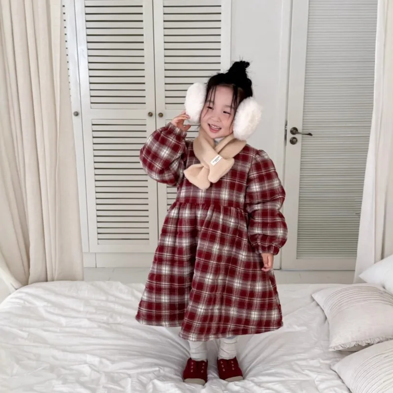 

Winter Children Girls Dress Cotton Padded Plaid Bubble Sleeve Kids Girls Dress Retro Loose Warm Toddler Girls Dress Belle Dress
