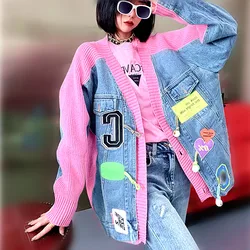 Streetwear Winter Autumn Knitted Coat Women Jackets Loose Denim Spliced Patchwork Letters Appliques Cardigans Outwear Coats NZ61