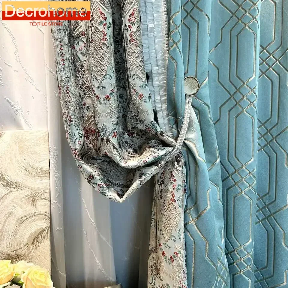 

Tiffany Blue Embossed Jacquard Thickened Blackout Fabric Curtains for Living Room Bedroom Balcony Floating Window Customised