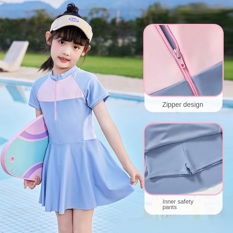 Children's One Piece Swimsuit, Cute Student Beach Bathing Suits, Japanese Wind Swimming Dress, Baby Girl, New, summer,  2-14Y