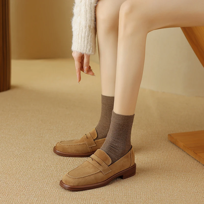 2024 Flats Shoes Size 34-40 Women Suede Real Leather Loafers Casual SpringLow Heels Vintage Office Lady Daily Dress