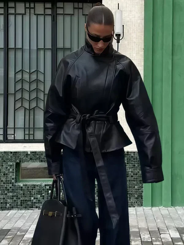 Women's Black Lace Up Leather Jacket Chic Lapel Belt V-neck Waist-cinching Coat 2026 Spring Lady Daily Street Commute Outerwears