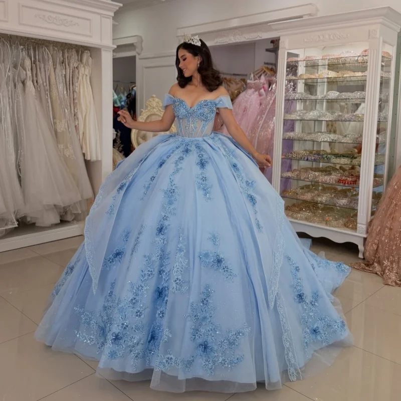 

Blue Quinceanera Dress off-shoulder Glitter Flower Crystal Decal Layering Long tail Big Bow vestidos de 15 Quinceanera ﻿Customiz