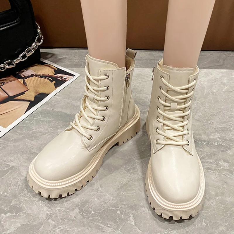 Chunky Heels Lace Up Combat Boots Women Winter Warm Short Plush Ankle Boots Woman Platform Non-Slip PU Leather Short Botas Mujer