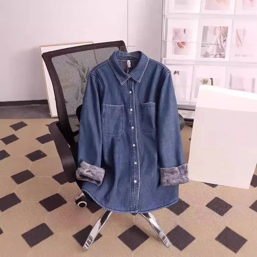 Denim Shirt Women Thick Top Winter 2025 Washed Single Breasted Turn Down Collar Pockets Female Vintage Streetwear Overshirt
