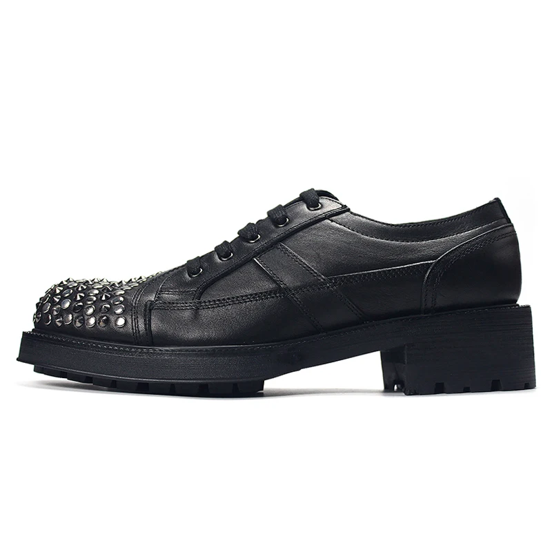 New High End Genuine Leather Luxury Round Toe Casual Leather Shoes Men Rivet Derby Handmade Lace Up Work Male Shoes Youth