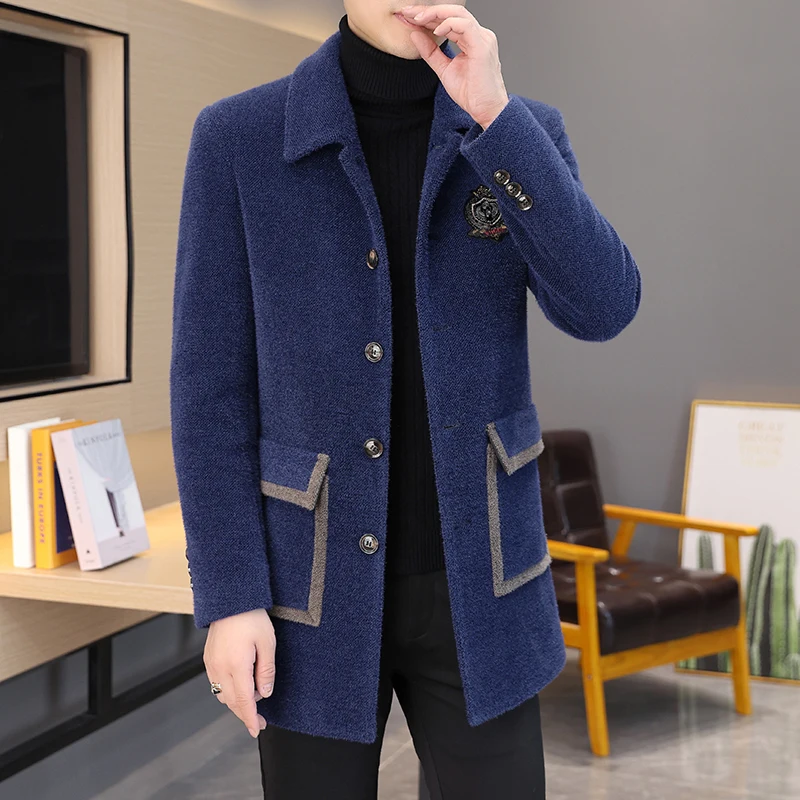 2022 Winter Imitation Mink Velvet Wool Blends Jacket Men Casual Business Long Coat Social Streetwear Slim Overcoat Windbreaker