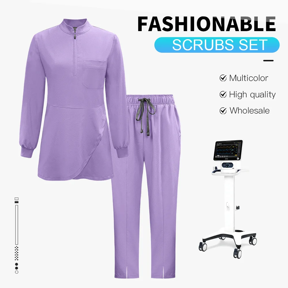 Long Sleeve Stand Collar Zipper Medical Scrub Set Stretch Soft Nursing Uniform Tunic Top Split Pants Hospital Clinic Workwear