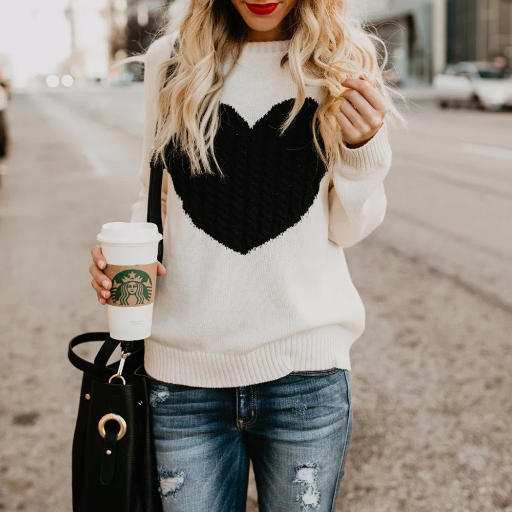 

Women's round Neck Pullover Sweater Fashion Love Style for Autumn Winter European American Design