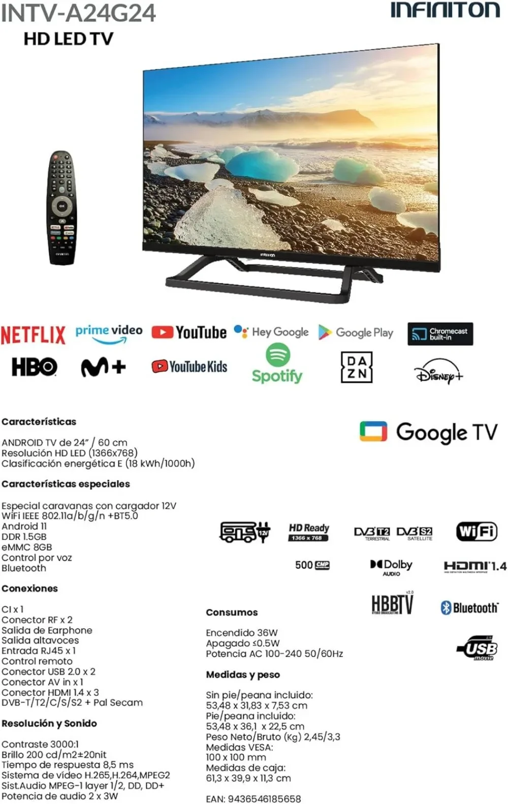 XMSJ-Infiniton TV LED 24 Pulgadas INTV A24G24 HD Google TV تلفزيون ذكي رسمي Chromecast DVB-T2 & DVB-S2 WiFi USB Grabador