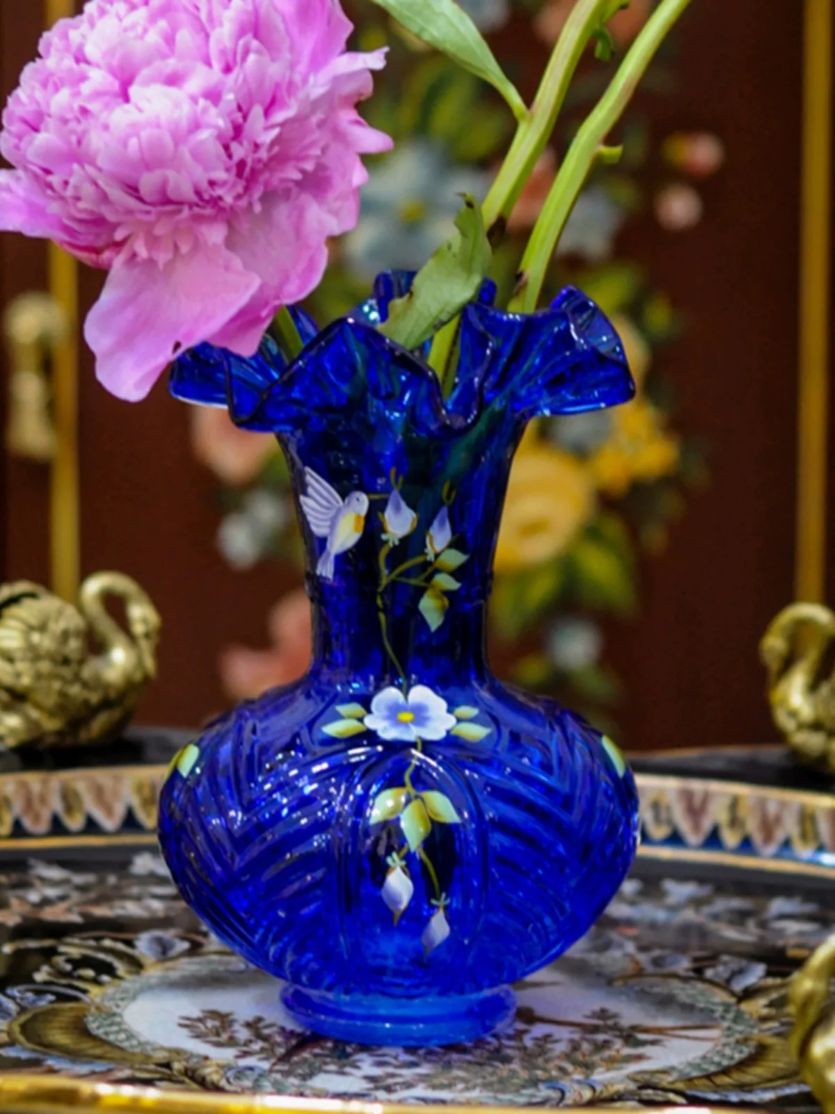 light luxury Fenton blue hand blown glass vase for home decor