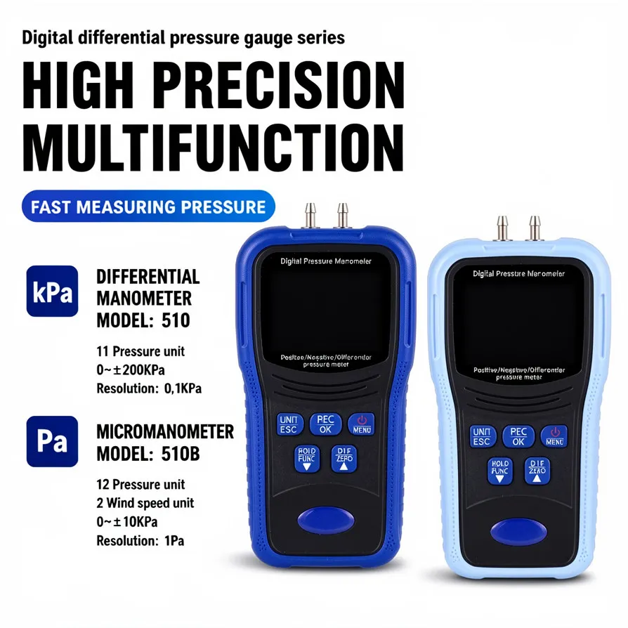 Differential Pressure Manometer ±10KPa 12 Units 50 Data Records Wind Speed Backlit LCD for HVAC Duct Testing Factory Calibrated