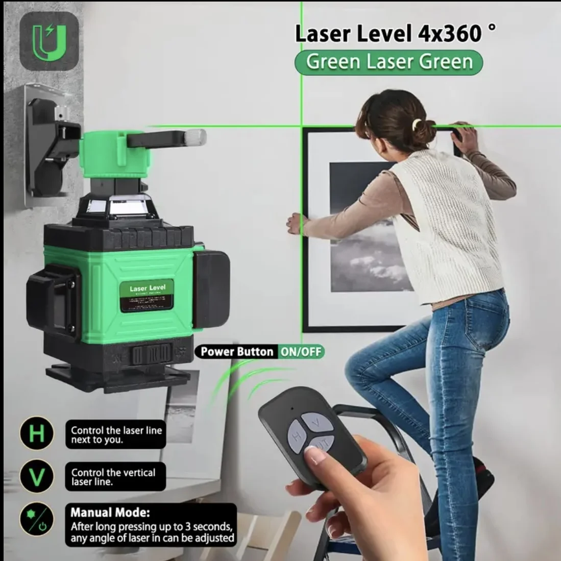 Imagem -03 - Laser Verde Profissional para Construção Nível Laser Profissional Linha Transversal Verde 4d Modo de Pulso Linhas 12 Linhas 16 Linhas 360 °