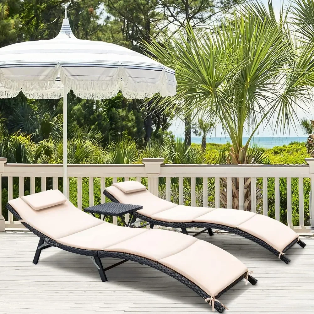 3 Pcs Patio Chaise Lounge Chair Sets, Outdoor Beach Pool PE Rattan Reclining Chair with Folding Table and Cushion, Chaise Lounge