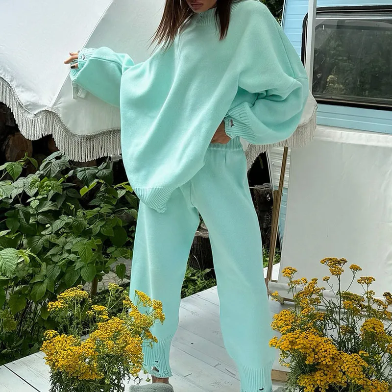 Mode déchiré tricoté solide ensemble élégant col rond pull et pantalon Long pull tenues femmes décontracté à manches longues ample 2 pièces costume