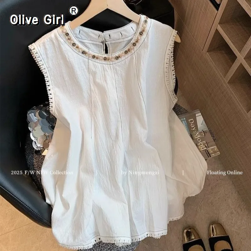 Olivegirl Plus Size T-Shirt Women's Tee Top Cotton 2026 Oversized Summer Boho Style Beaded Sleeveless Clothing Loose Shirt