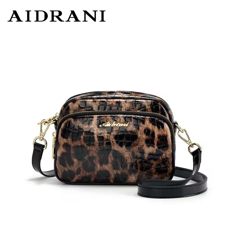 Aidrani Leopard & Crocodile Embossed Top Layer Leather Women Mini Crossbody Bag, Multi-Pocket Purse with Adjustable Strap
