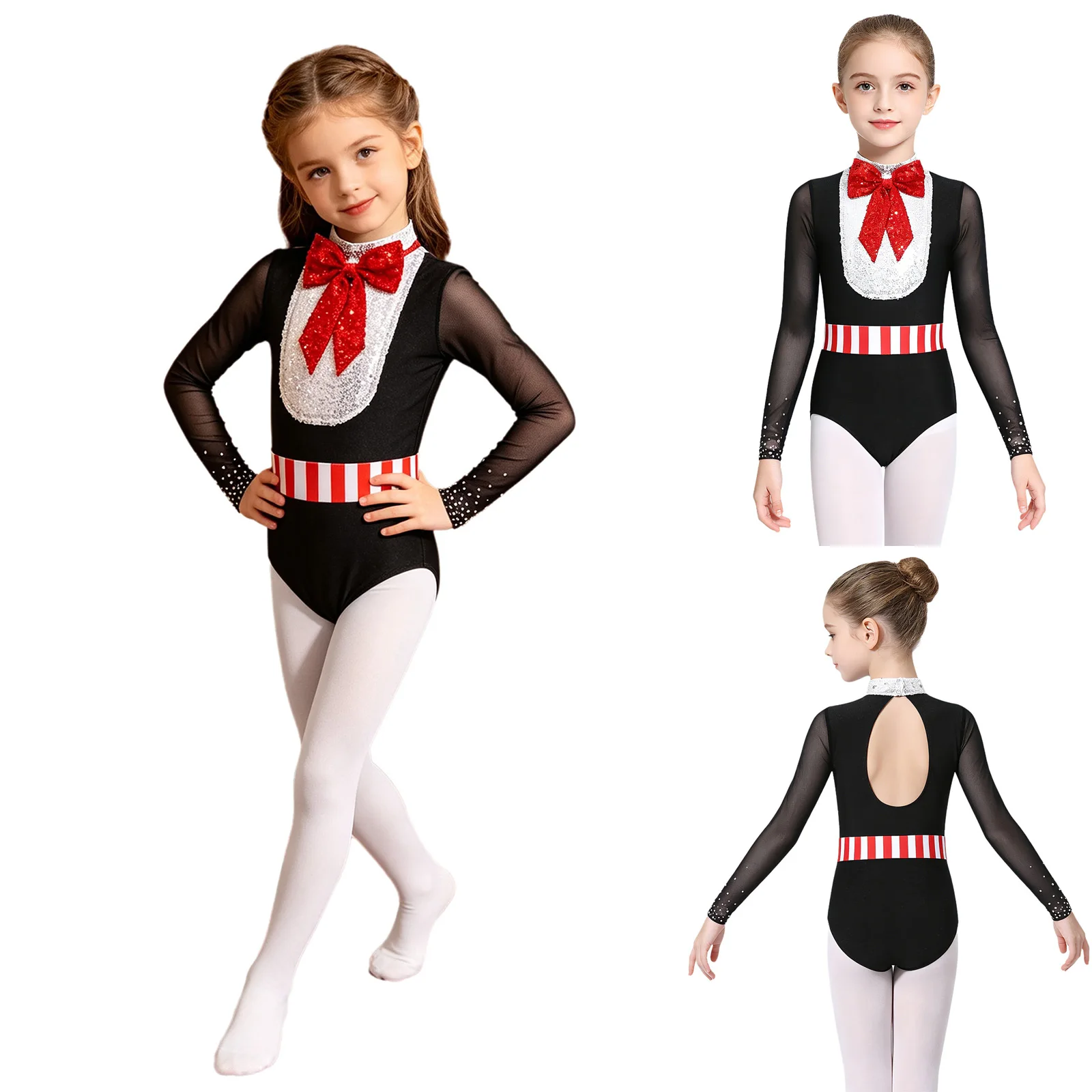 Long Sleeve Sequin Bowknot Ballet Bodysuit for Kids Girls Mesh Patchwork Triangle Jumpsuit for Halloween Themed Party Cosplay