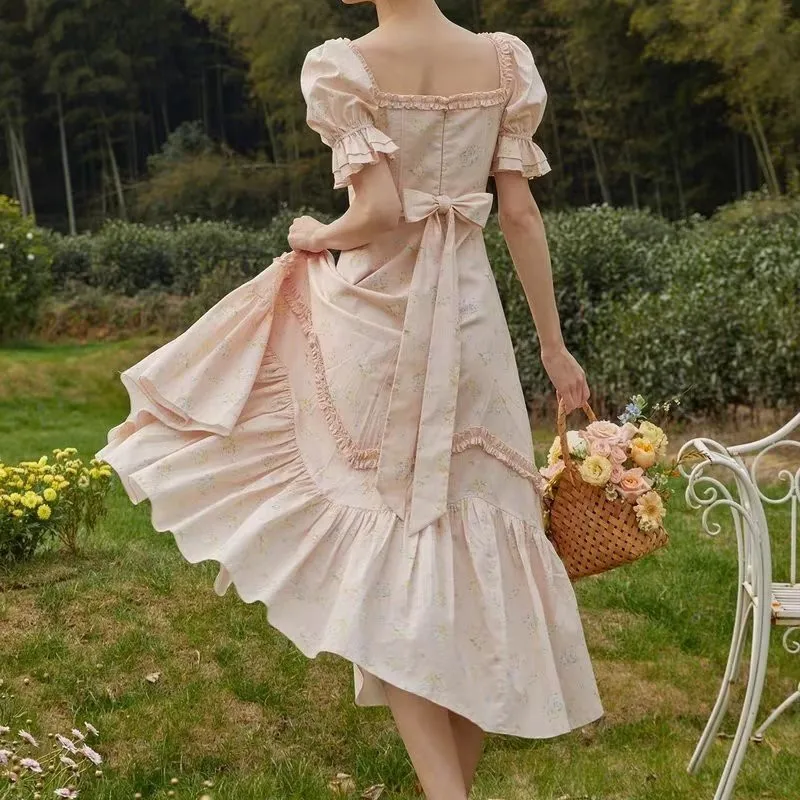 Retro Corset Style Flower Print Ruffles Hem Swing Dress Spliced Wood ears Puff Sleeve Chest Ruched Square Collar Midi Robe Fairy