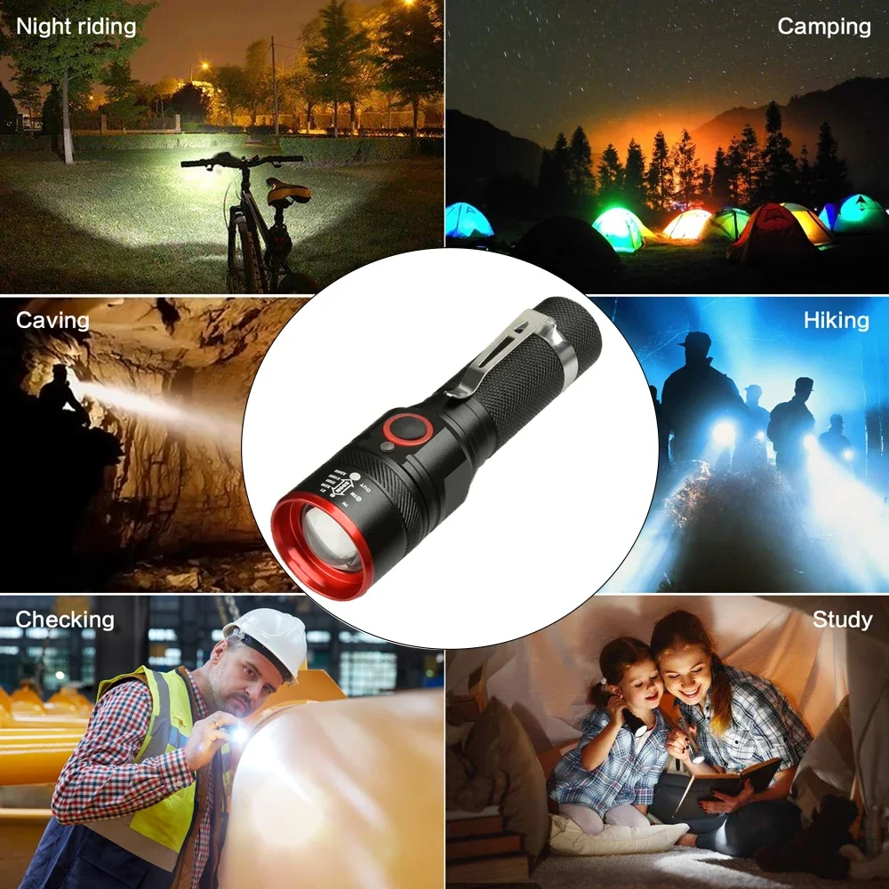 Impermeável High Lumen LED Lanterna, Tocha Zoom para Camping, Caminhadas, Pesca, Caça, Recarregável, 18650