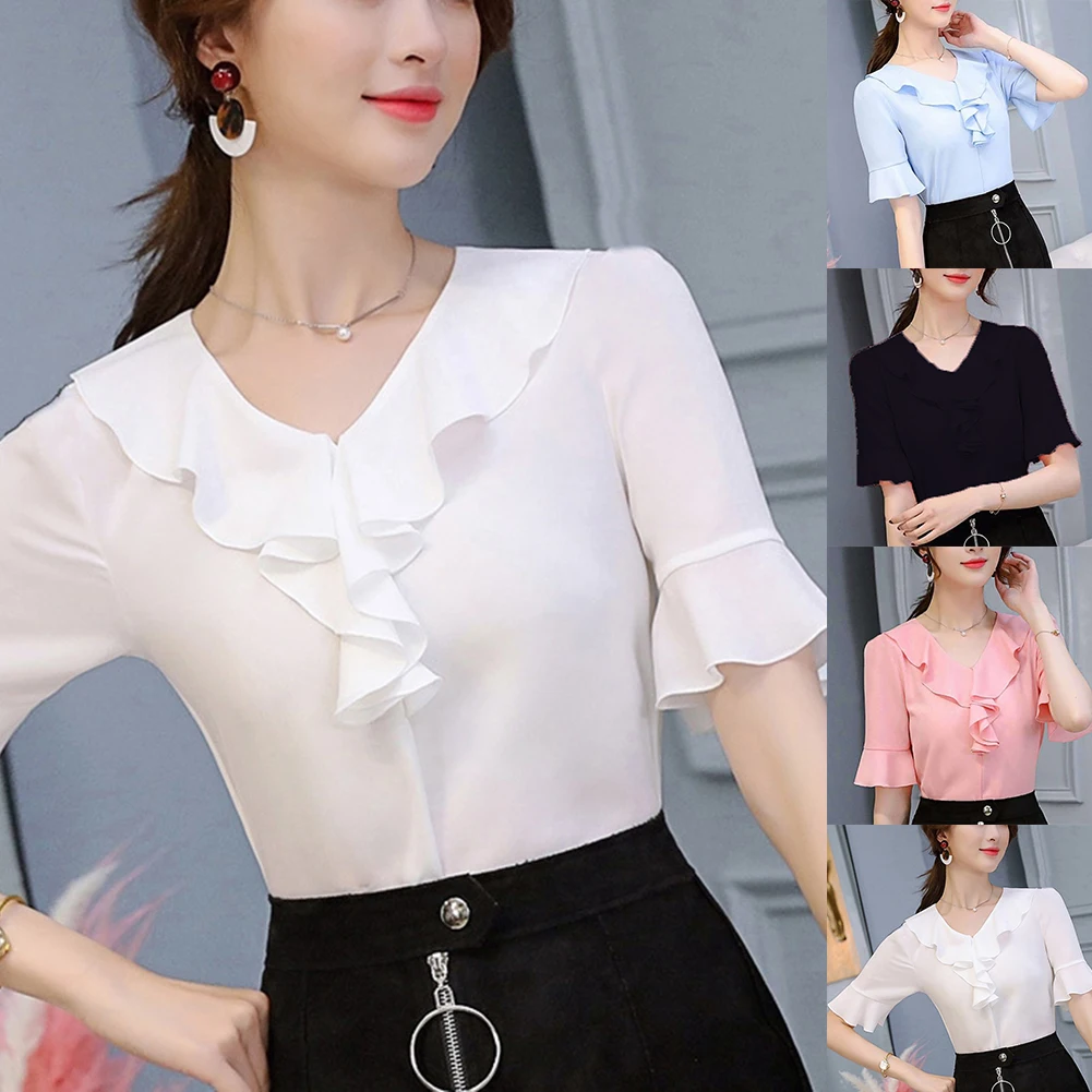 

Solid Color Chiffon Short Sleeves Women's Thin Shirt Elegant Flounce V-Neck Shirts Blouse Tops For Ladies