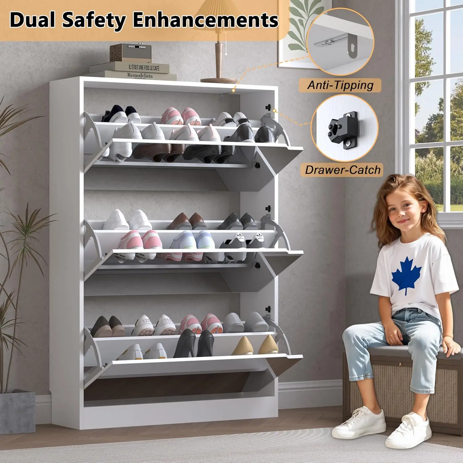 Shoe Cabinet with 3-Flip Mirror Drawers, Freestanding Shoe Rack Organizer with Hidden Handle image 6