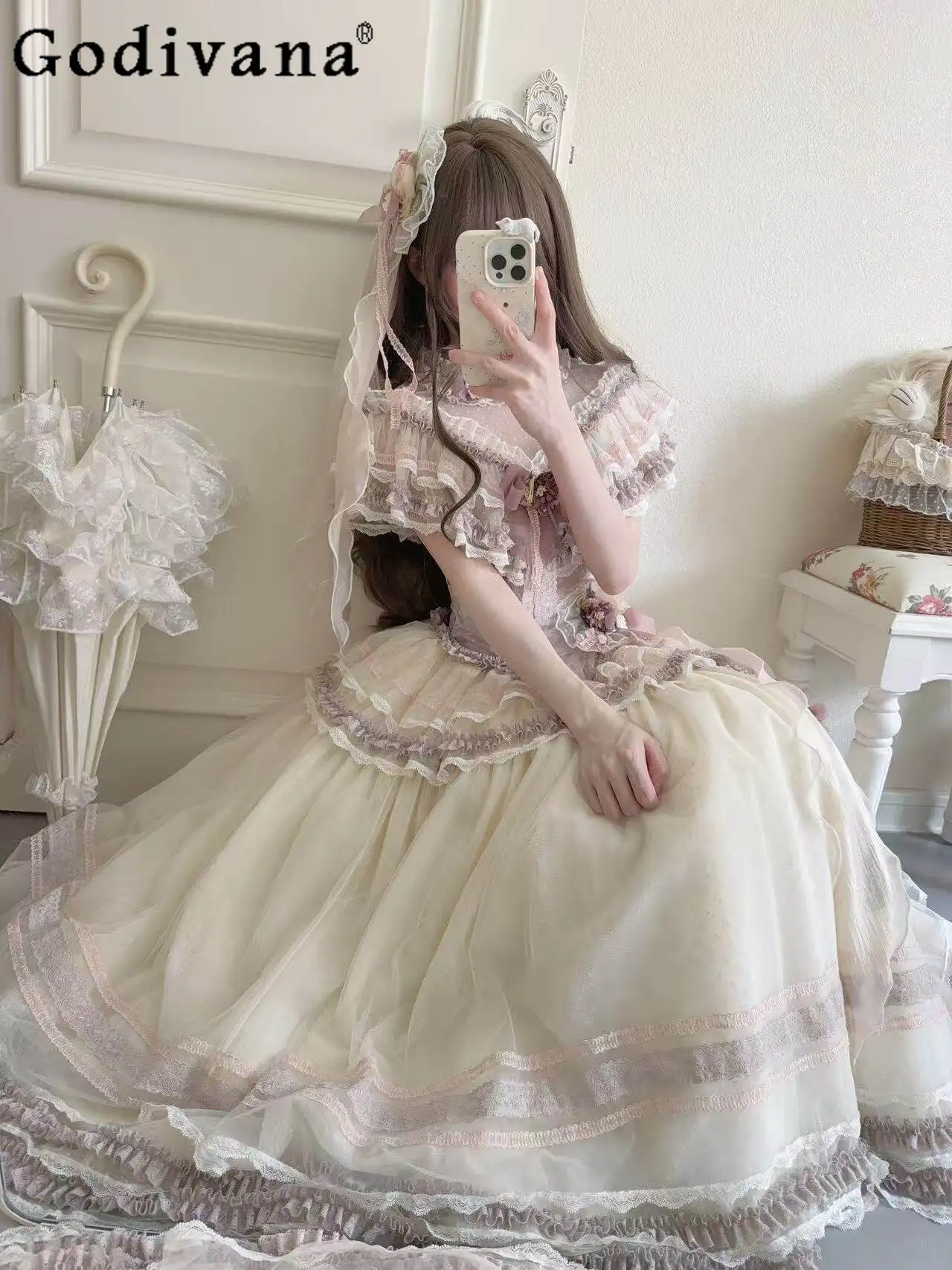 

New Spring Summer Original Fairy Dress Set Women Sweet Girls Lace Slim-fit Top High-waisted Skirt Elegant Lolita Two-piece Set