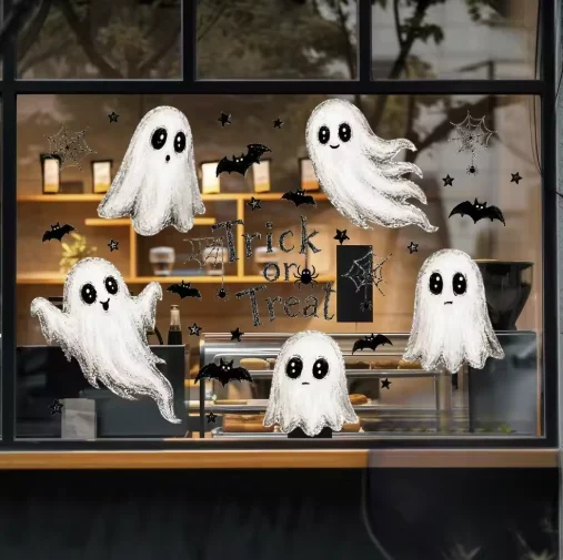 Halloween Hand-Painted Style White Cute Ghost Window Cling,Static Cling, Doodle Style Ghost Bat Spiderweb Pattern Window Sticker