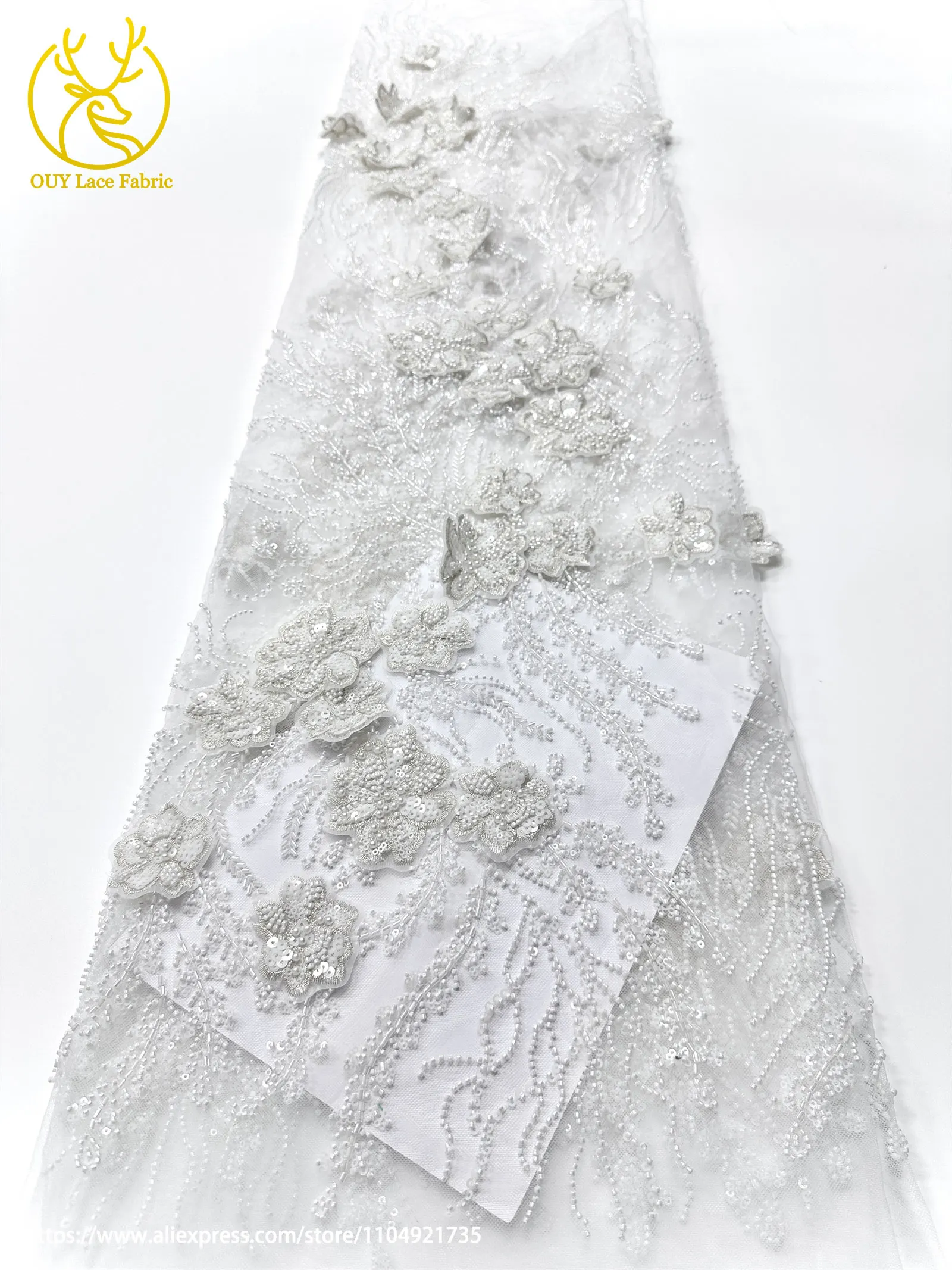 Afrikanischer Perlenstickerei-Spitzenstoff 2026 Hochwertige Französische 3D-Blumen-Pailletten-Stickerei Tüllspitze für Party- und Hochzeitskleider – Detail 13